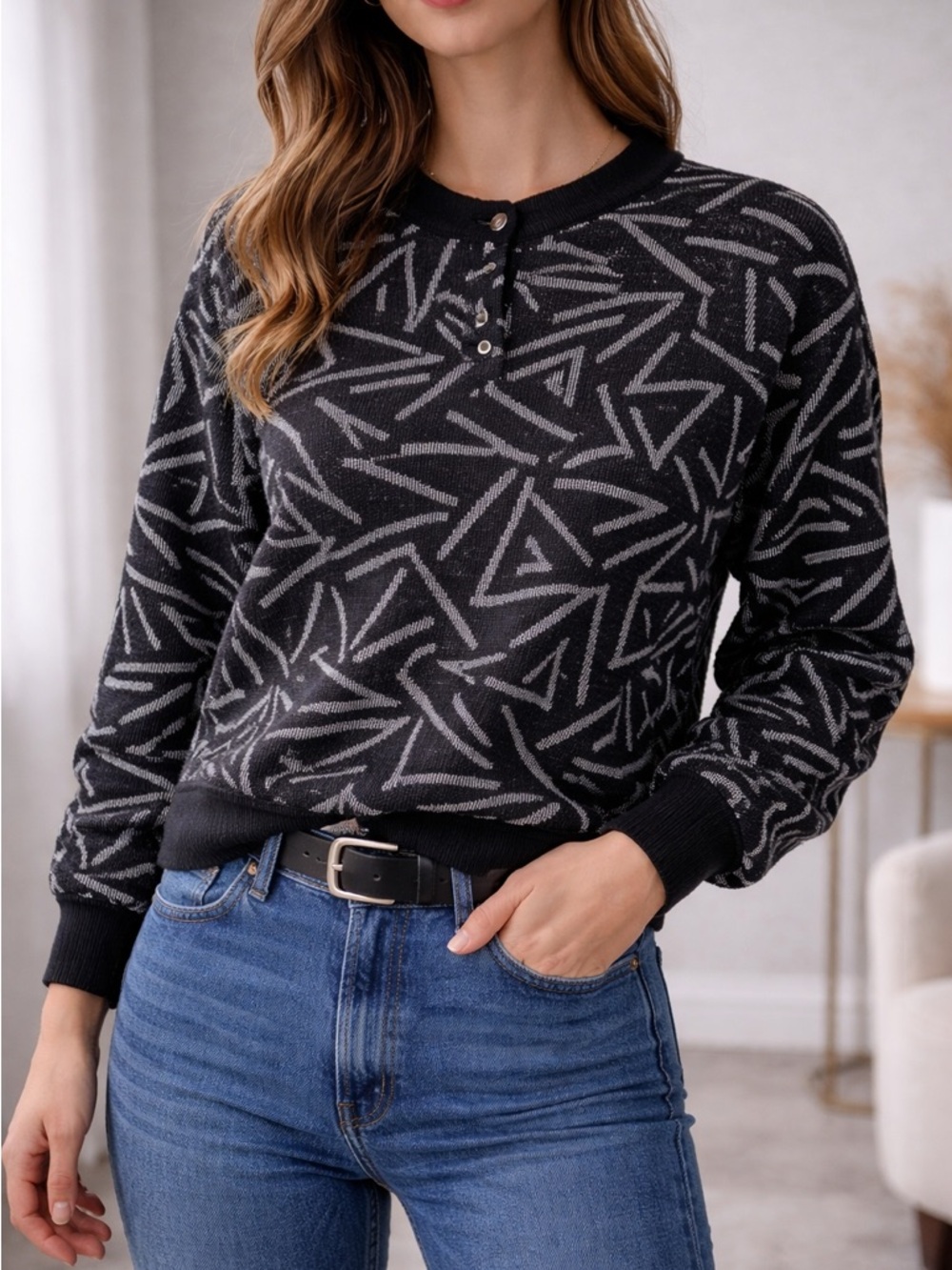 Koret Black & Silver Metallic Knit Top, Made in USA